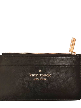 kate spade Black Leather Zip Card Holder with Gold Logo